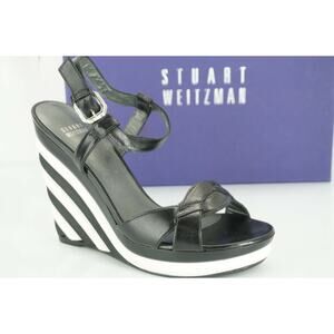 Stuart Weitzman Attitude Black White Striped Wedge Ankle Sandals Size 8 New $425